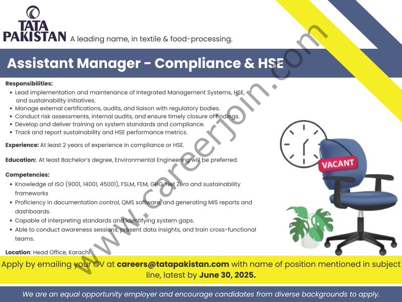 Tata Pakistan Jobs Assistant Manager Compliance & HSE 1