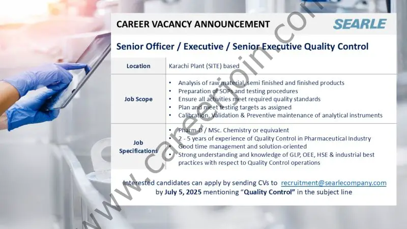The SEARLE Company Jobs Senior Officer / Executive / Senior Executive Quality Control 1