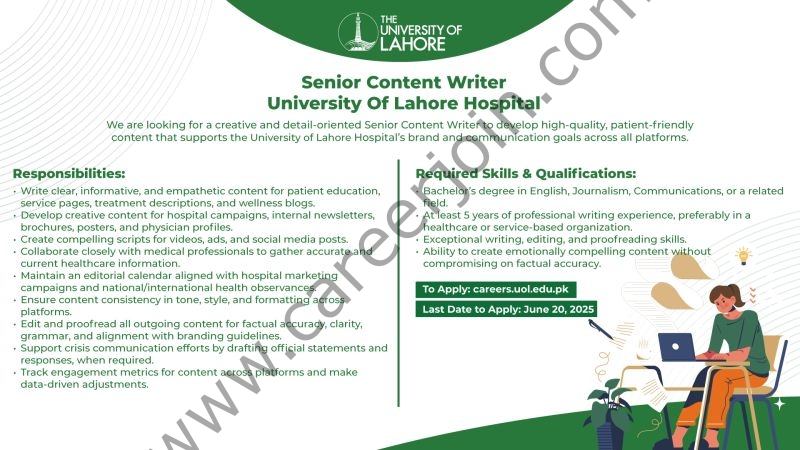 University of Lahore Hospital Jobs Senior Content Writer 1