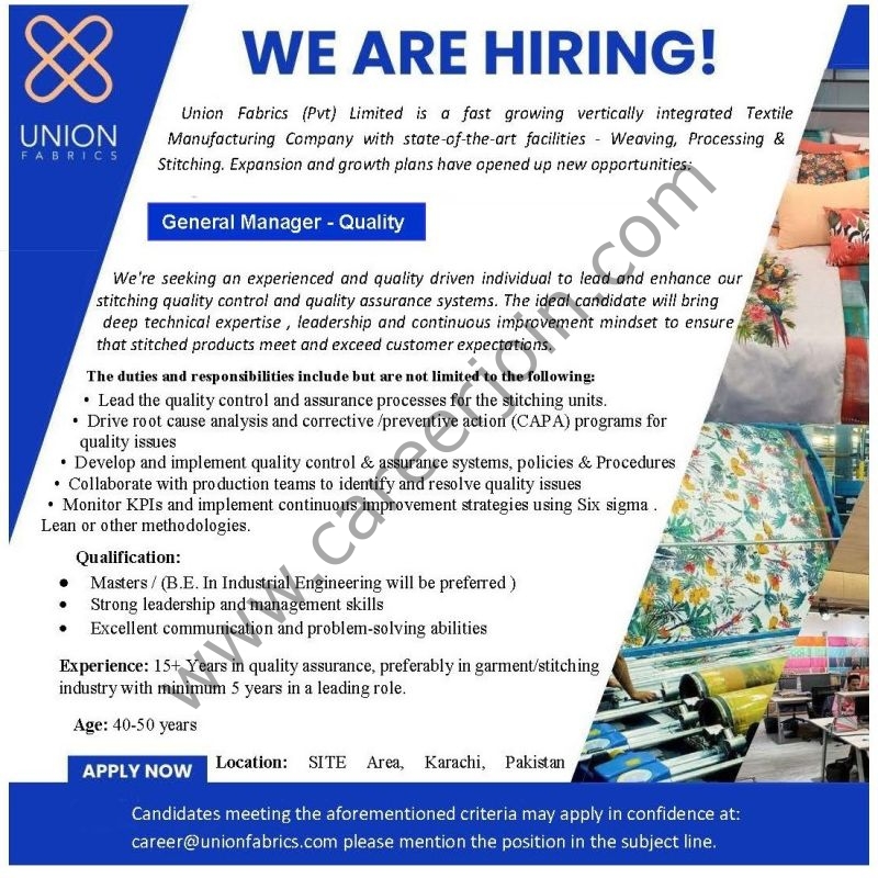 Union Fabrics (Pvt) Limited Jobs General Manager Quality 1