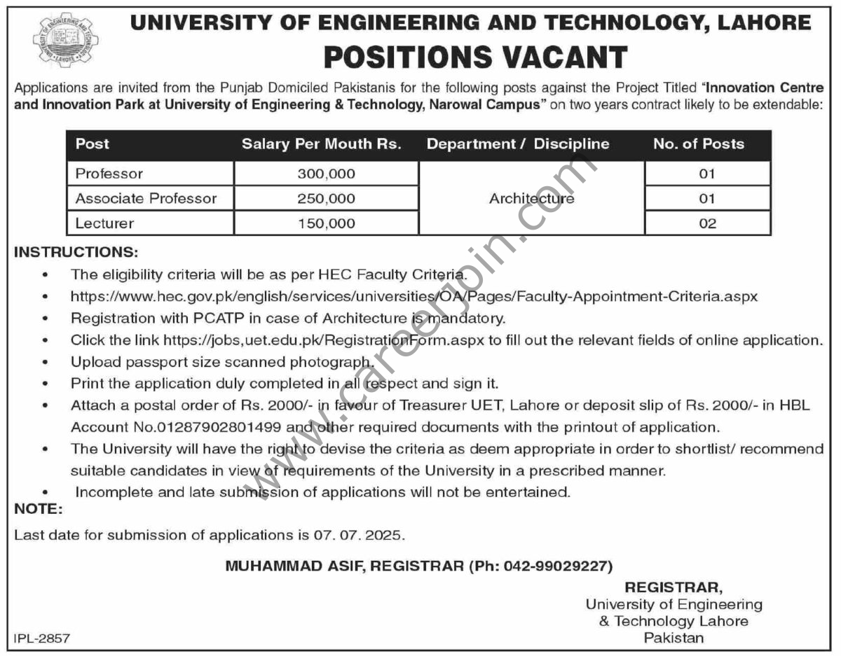 University of Engineering & Technology UET Lahore Jobs 22 June 2025 Dawn 1