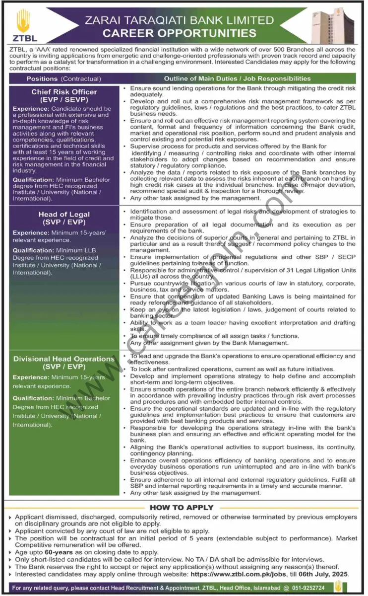 Zarai Taraqiati Bank Ltd ZTBL Jobs 22 June 2025 Dawn 01 1