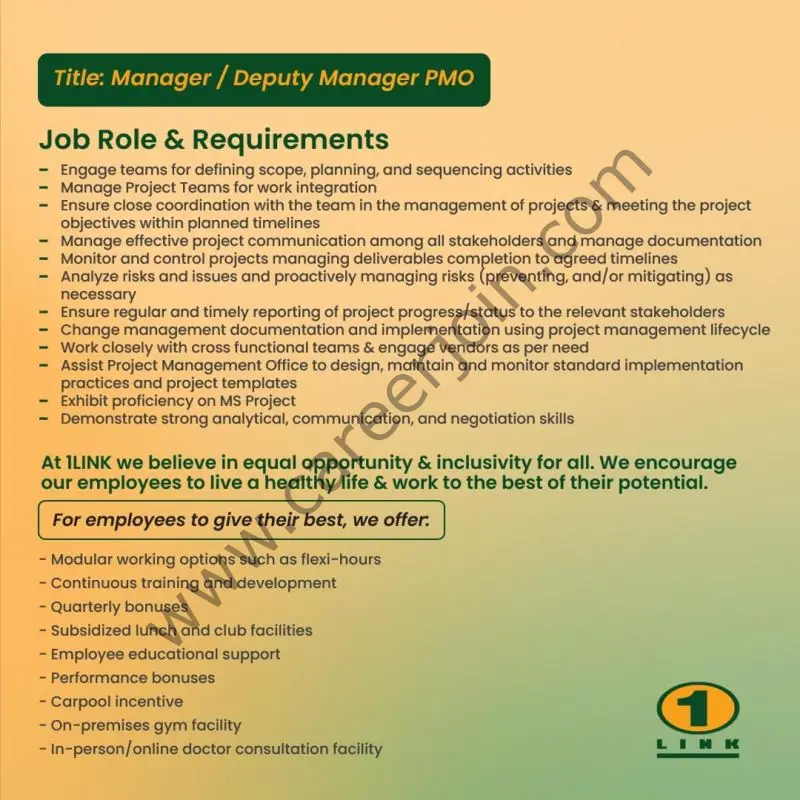 1Link Pvt Ltd Jobs Manager / Deputy Manager PMO 2