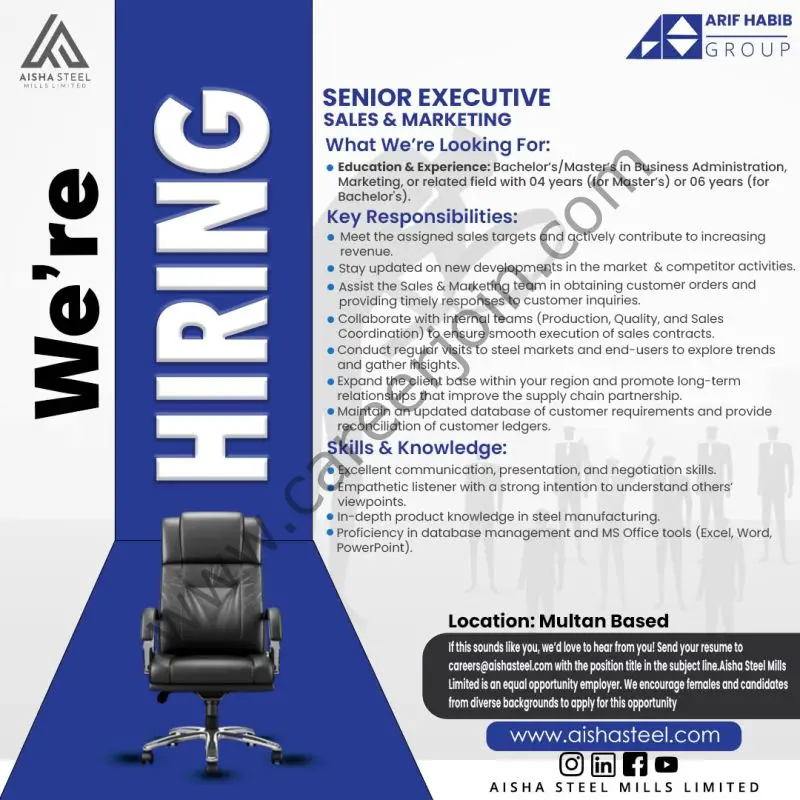 Aisha Steel Mills Limited ASML Jobs Sr Executive Sales & Marketing 1