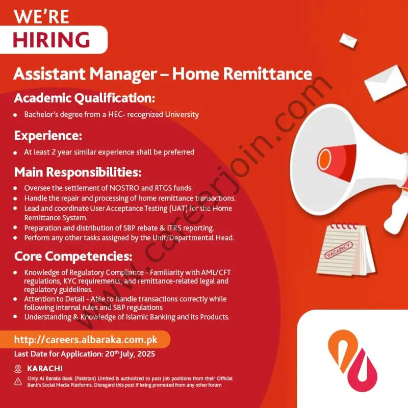 Al Baraka Bank (Pakistan) Limited Jobs Assistant Manager Home Remittance 1