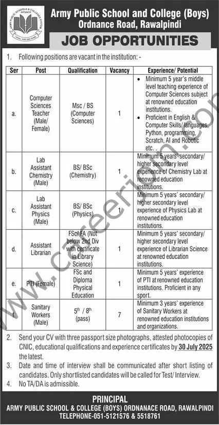 Army Public School & College Rawalpindi Jobs 20 July 2025 Express 1