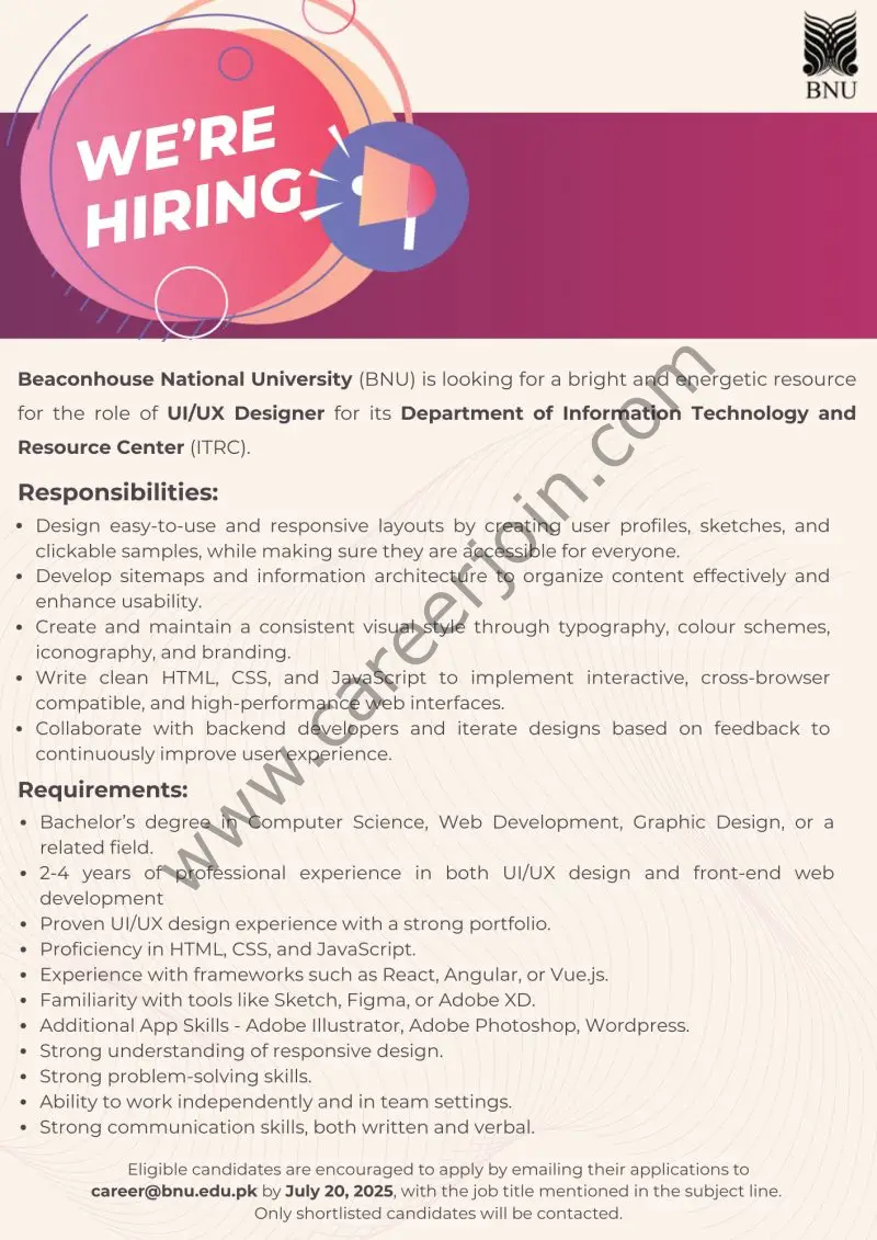 Beaconhouse National University (BNU) Jobs UI/UX Designer 1