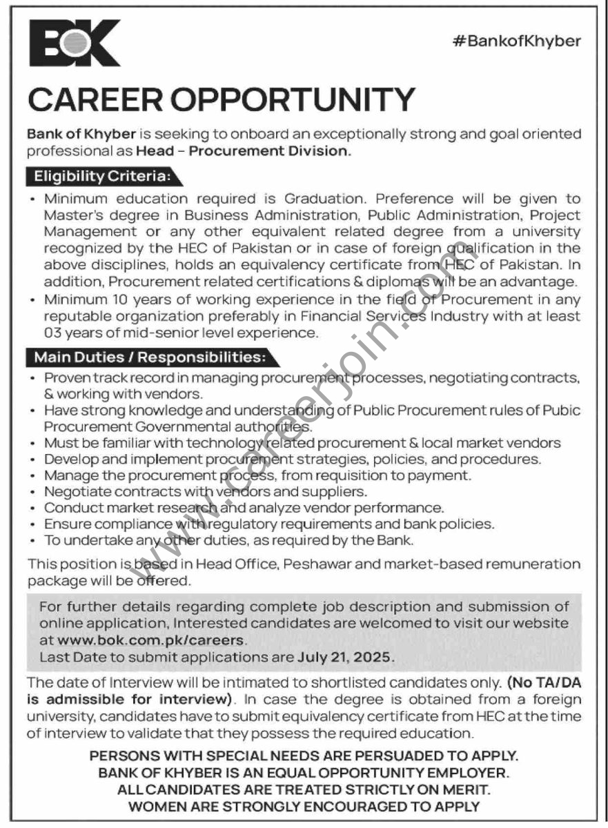 Bank of Khyber BOK Jobs 15 July 2025 Dawn 1