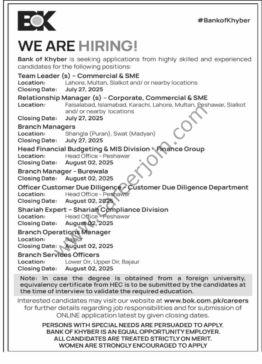 Bank of Khyber BOK Jobs 19 July 2025 Dawn 1