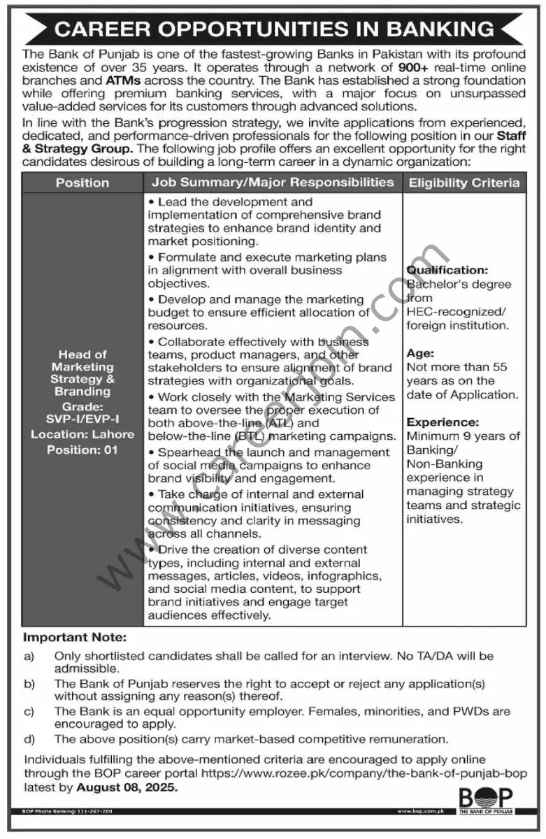 Bank of Punjab BOP Jobs 27 July 2025 Dawn 01 1