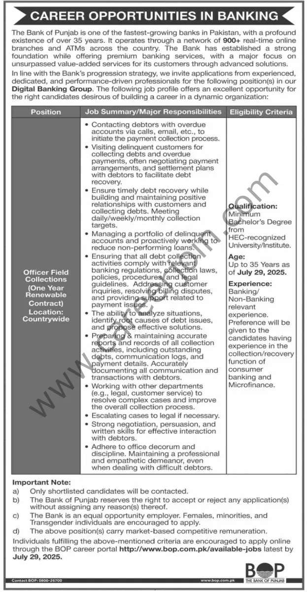 Bank of Punjab Jobs 20 July 2025 Dawn 123