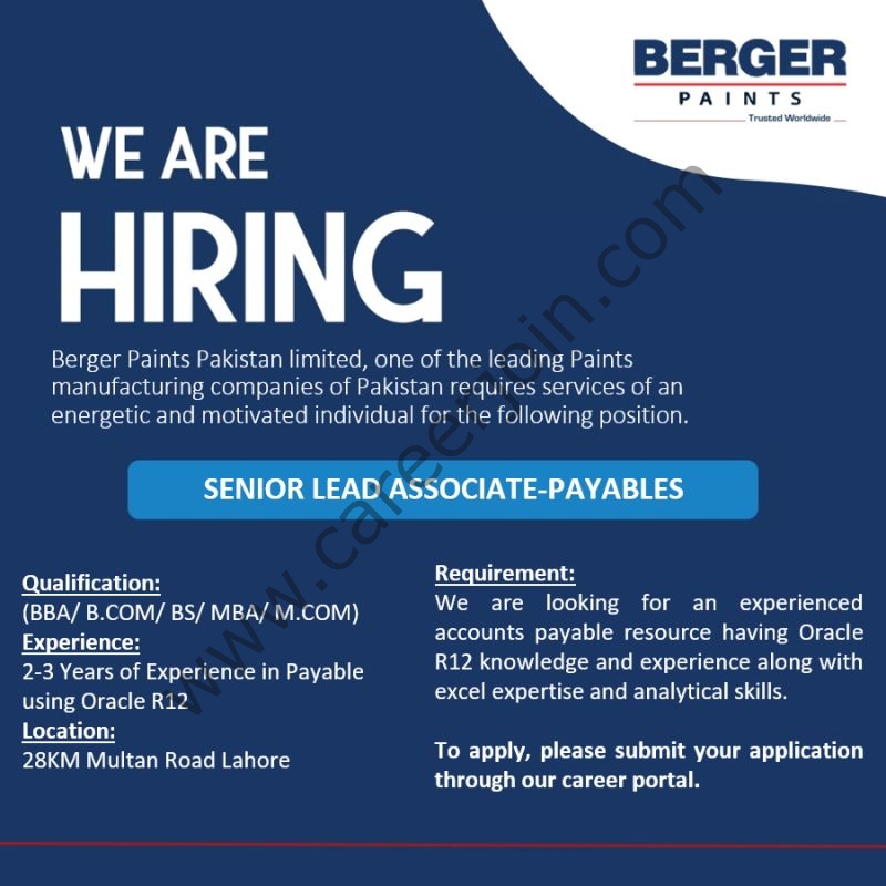 Berger Paints Pakistan Jobs Senior Lead Associate Accounts Payables 1