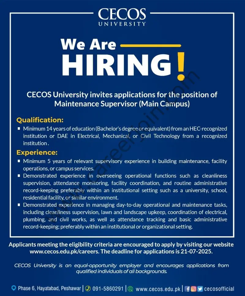 CECOS University Jobs Maintenance Supervisor 1