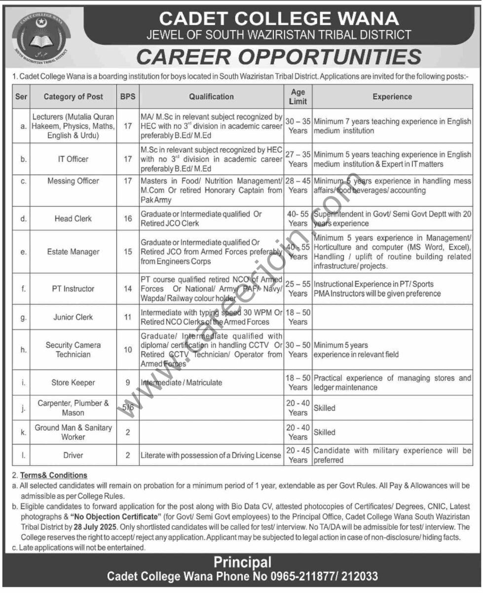 Cadet College Wana Jobs 06 July 2025 Dawn 1