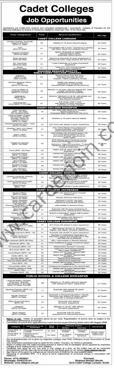 Cadet Colleges Larkana Jobs 23 July 2025 Dawn 1