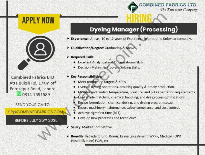 Combined Fabrics Limited Jobs Dyeing Manager 1