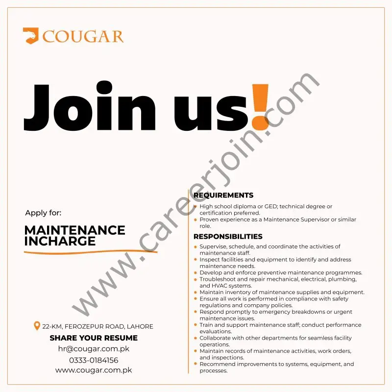 Cougar Clothing Jobs Maintenance Incharge 1