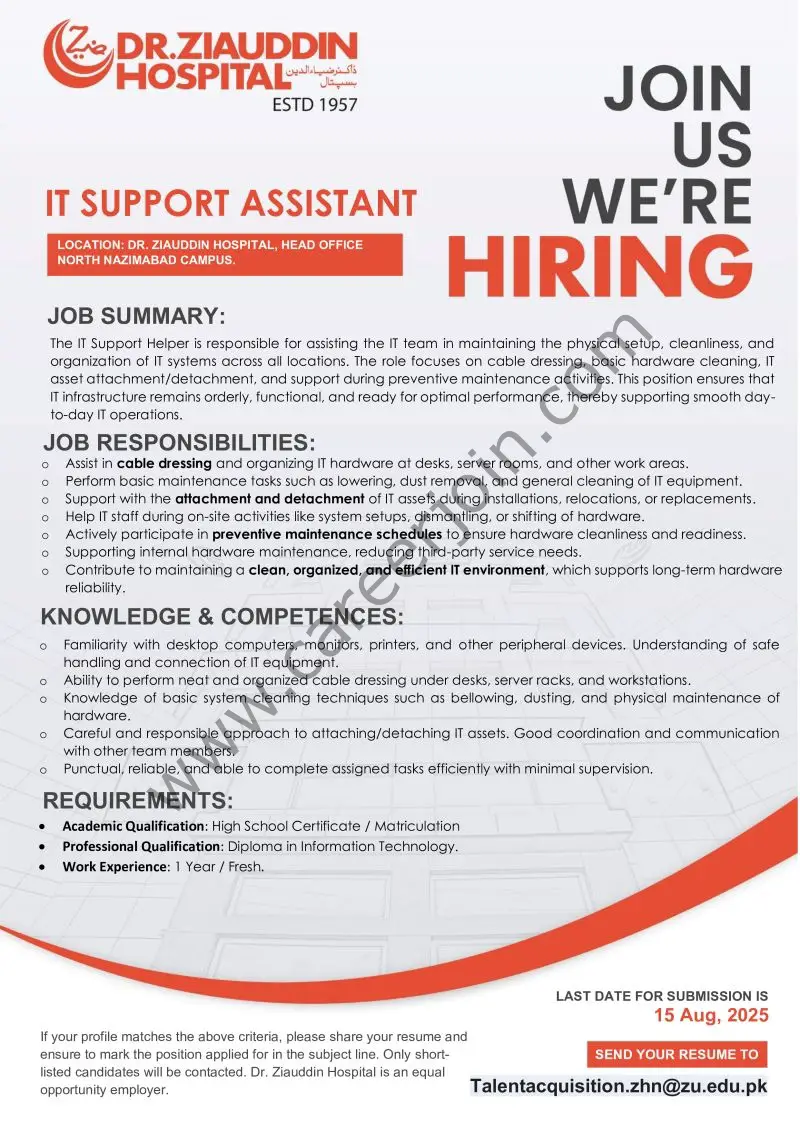 Dr Ziauddin Hospital Jobs IT Support Assistant 1