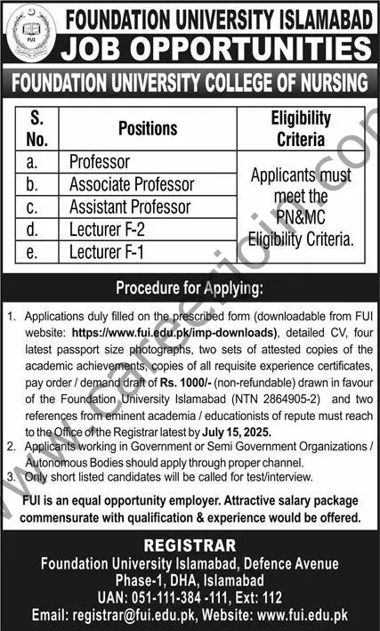 Foundation University Islamabad Jobs 06 July 2025 Express 1