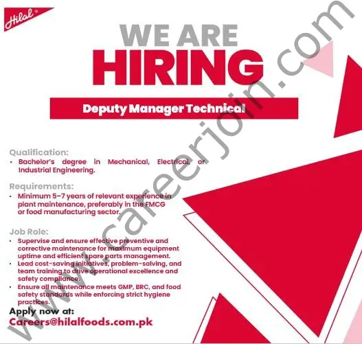 Hilal Foods Pvt Ltd Jobs Deputy Manager Technical 1