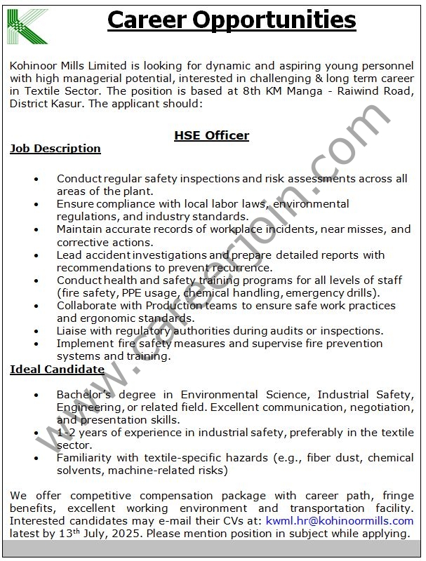 Kohinoor Mills Limited Jobs HSE Officer 1