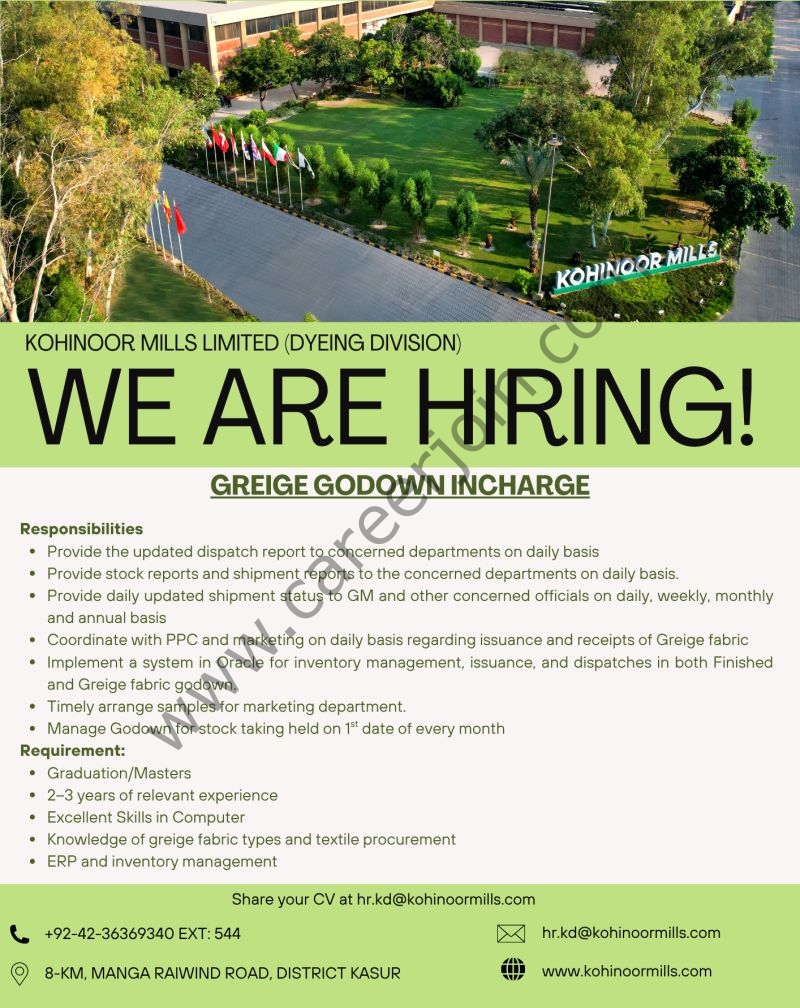 Kohinoor Mills Limited Jobs Greige Godown Incharge 1