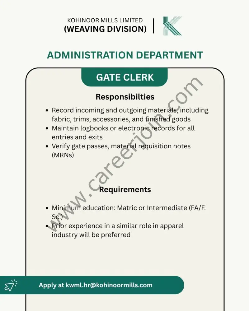 Kohinoor Mills Limited Jobs Gate Clerk 1