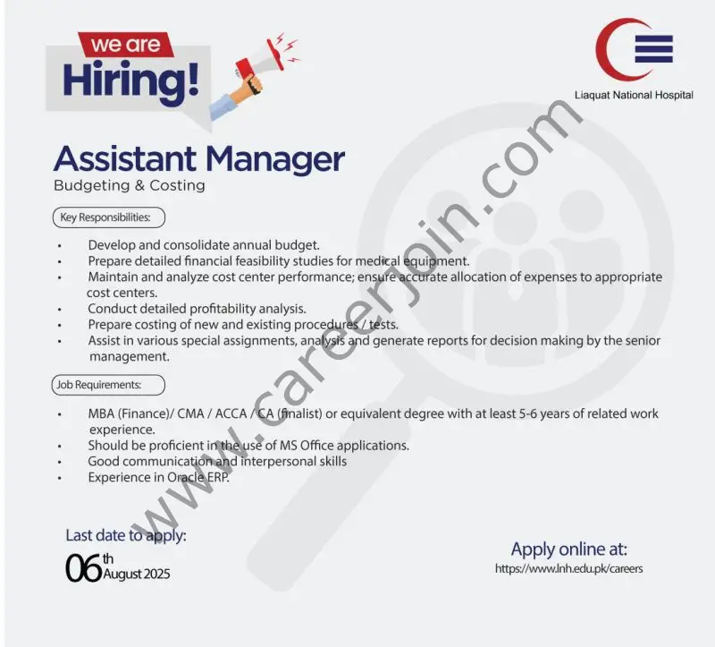 Liaquat National Hospital LNH Jobs Assistant Manager Budgeting and Costing 1