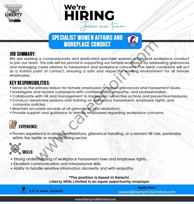 Liberty Mills Pvt Ltd Jobs Specialist Women Affairs & Workplace Conduct 1