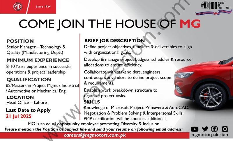 MG Motors Jobs Senior Manager Technology & Quality 1