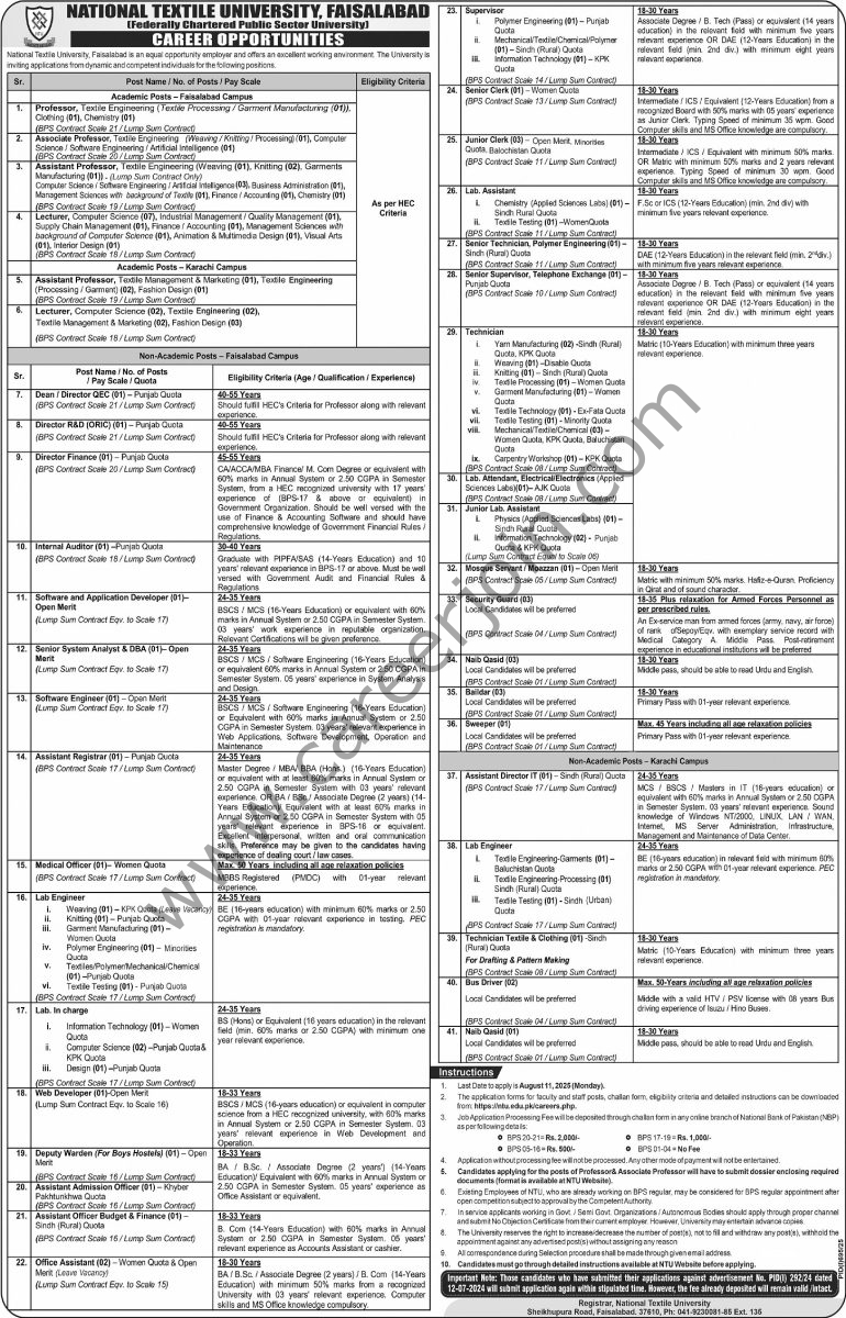 National Textile University Faisalabad Jobs 25 July 2025 Express Tribune 1