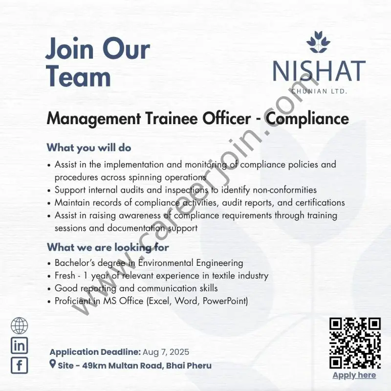 Nishat Chunian Ltd Jobs Management Trainee Officer Compliance 1