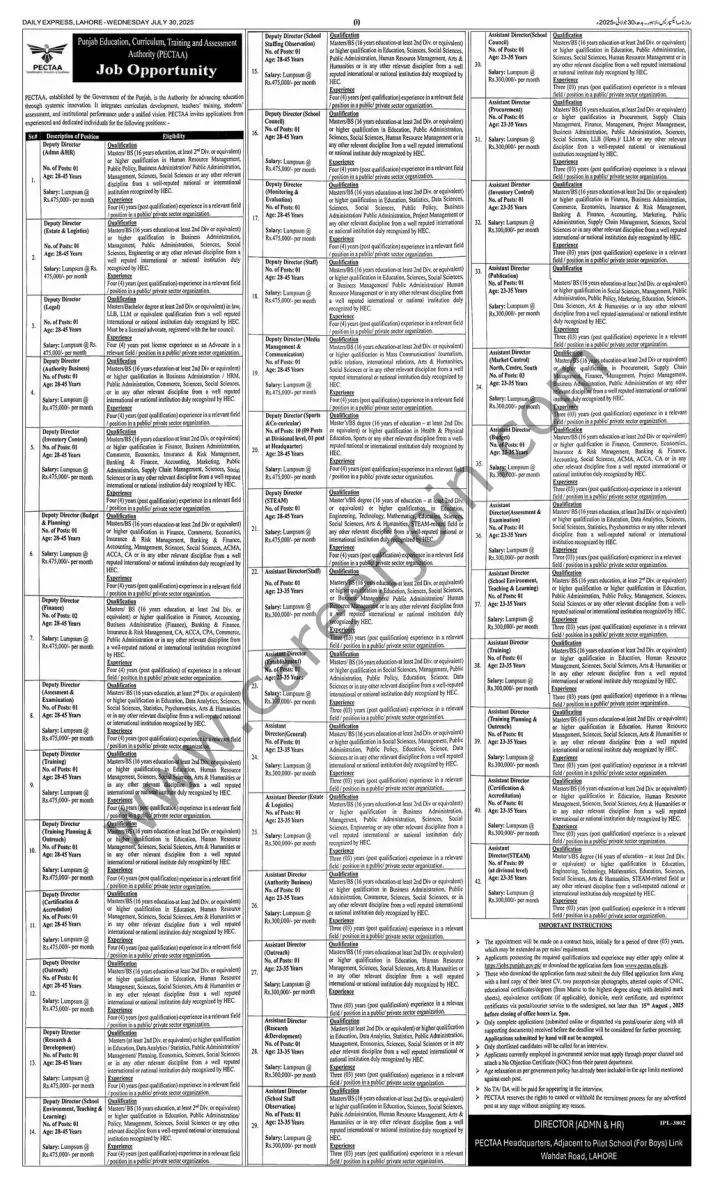Punjab Education Curriculum training & Assessment Authority PECTAA Jobs 30 July 2025 Express 1