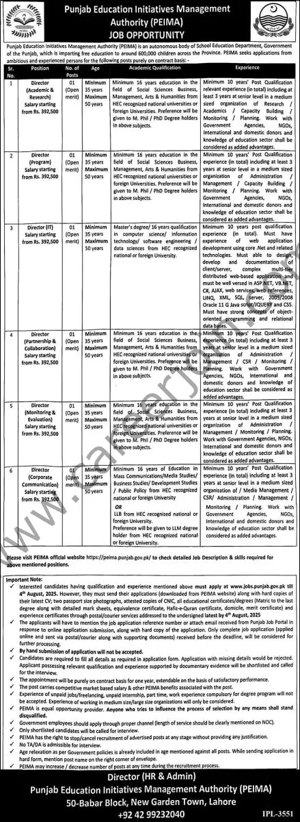 Punjab Education Initiatives Management Authority PEIMA Jobs 17 July 2025 Express 1