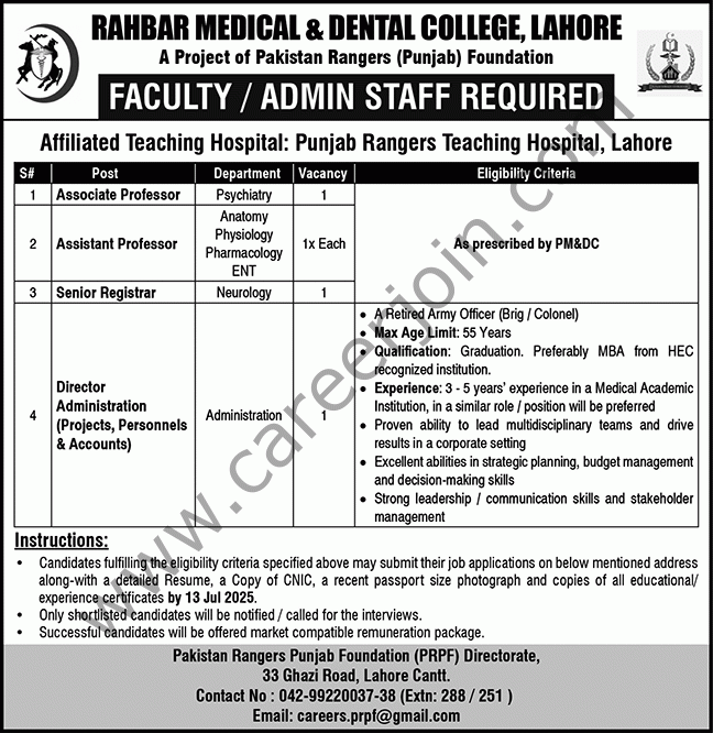 Rahbar Medical & Dental College Lahore Jobs 06 July 2025 Nawaiwaqt 1