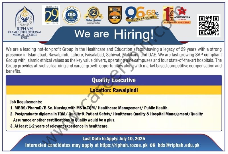 Riphah International University Jobs Quality Executive 1