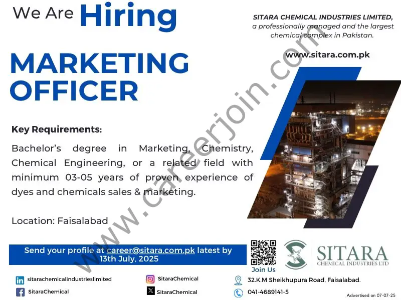 Sitara Chemical Industries Limited Jobs Marketing Officer 1