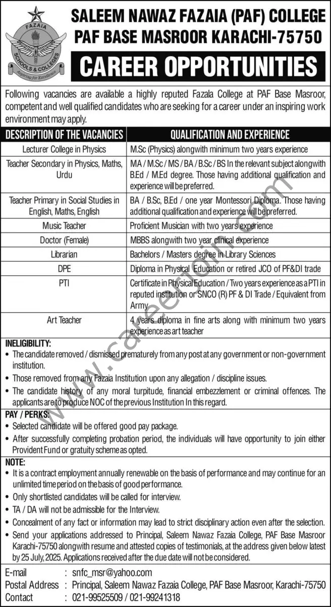 Saleem Nawaz Fazaia PAF College Karachi Jobs 20 July 2025 Express 01 1