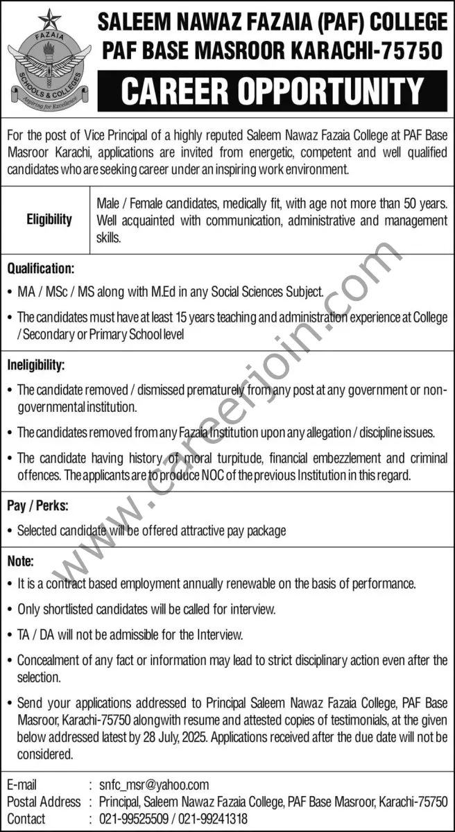 Saleem Nawaz Fazaia PAF College Karachi Jobs 20 July 2025 Express 12