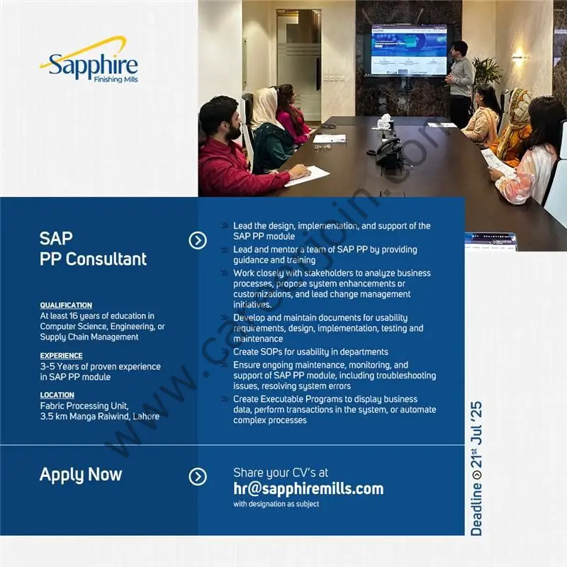 Sapphire Finishing Mills Jobs SAP PP Consultant 1