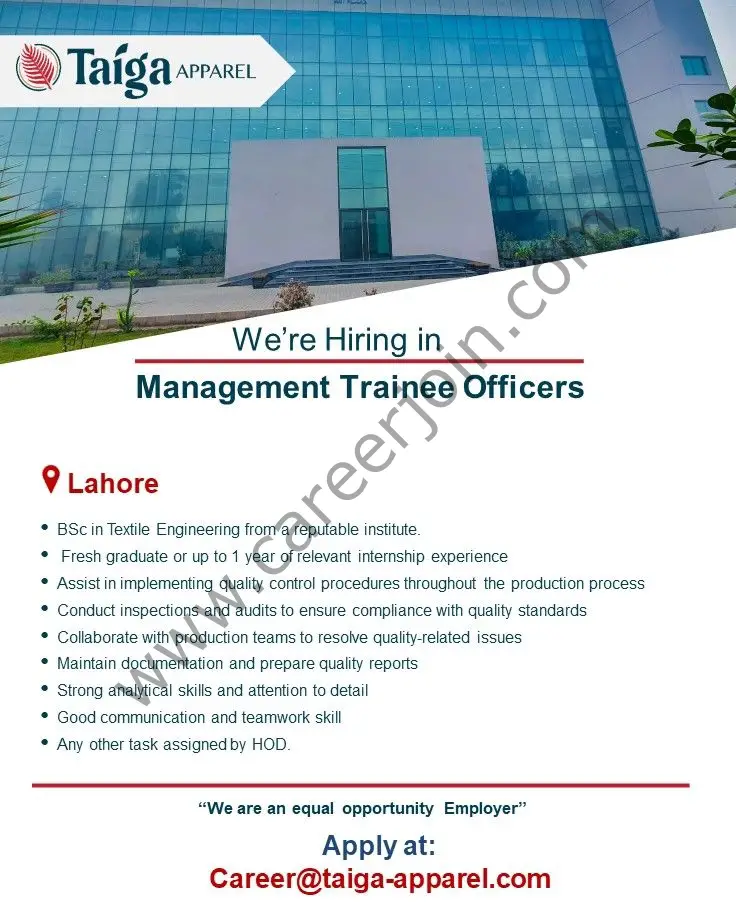 Taiga Apparel Pvt Ltd Jobs Management Trainee Officer (MTO) Quality Assurance 1
