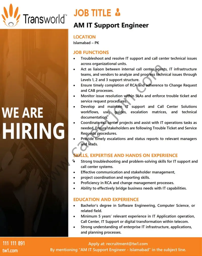 Transworld Associates Jobs AM IT Support Engineer 1