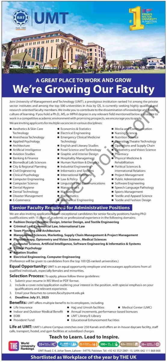 University of Management & Technology UMT Jobs 06 July 2025 Dawn 1