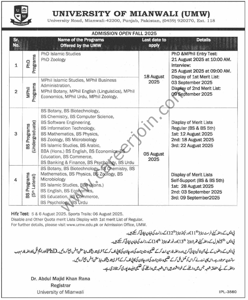 University of Mianwali UMW Jobs 17 July 2025 Dawn 1