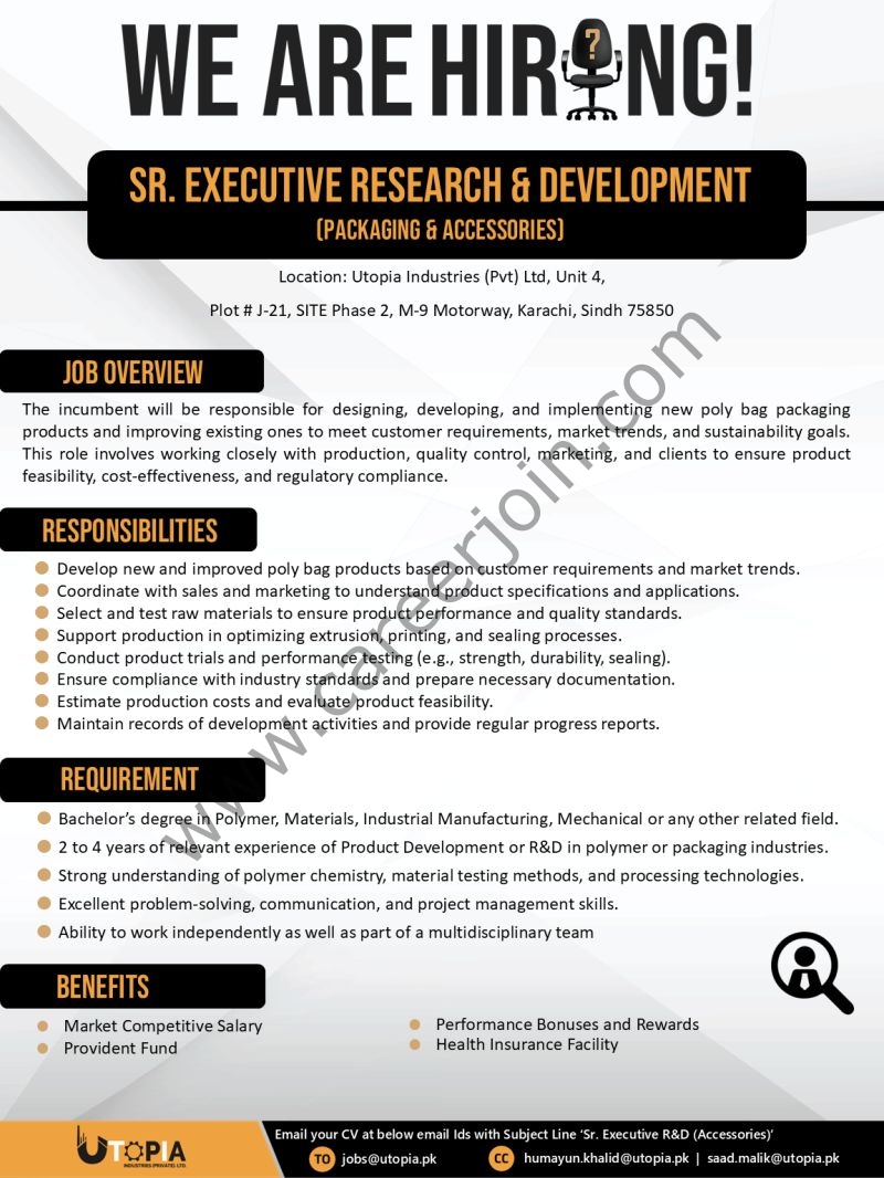 Utopia Industries Pvt Ltd Jobs Sr Executive R&D 1