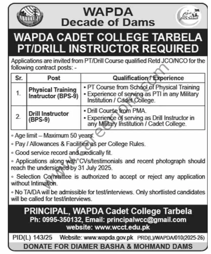 WAPDA Cadet College Tarbela Jobs 19 July 2025 Dawn 1