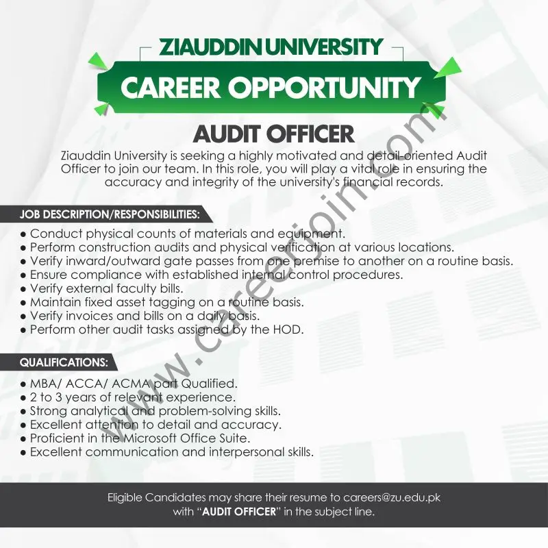 Ziauddin University Jobs Audit Officer 1