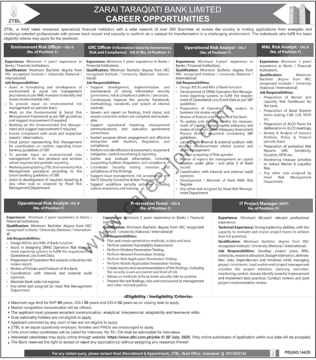 ZTBL Zarai Taraqiati Bank Ltd Jobs 06 July 2025 Express Tribune 1