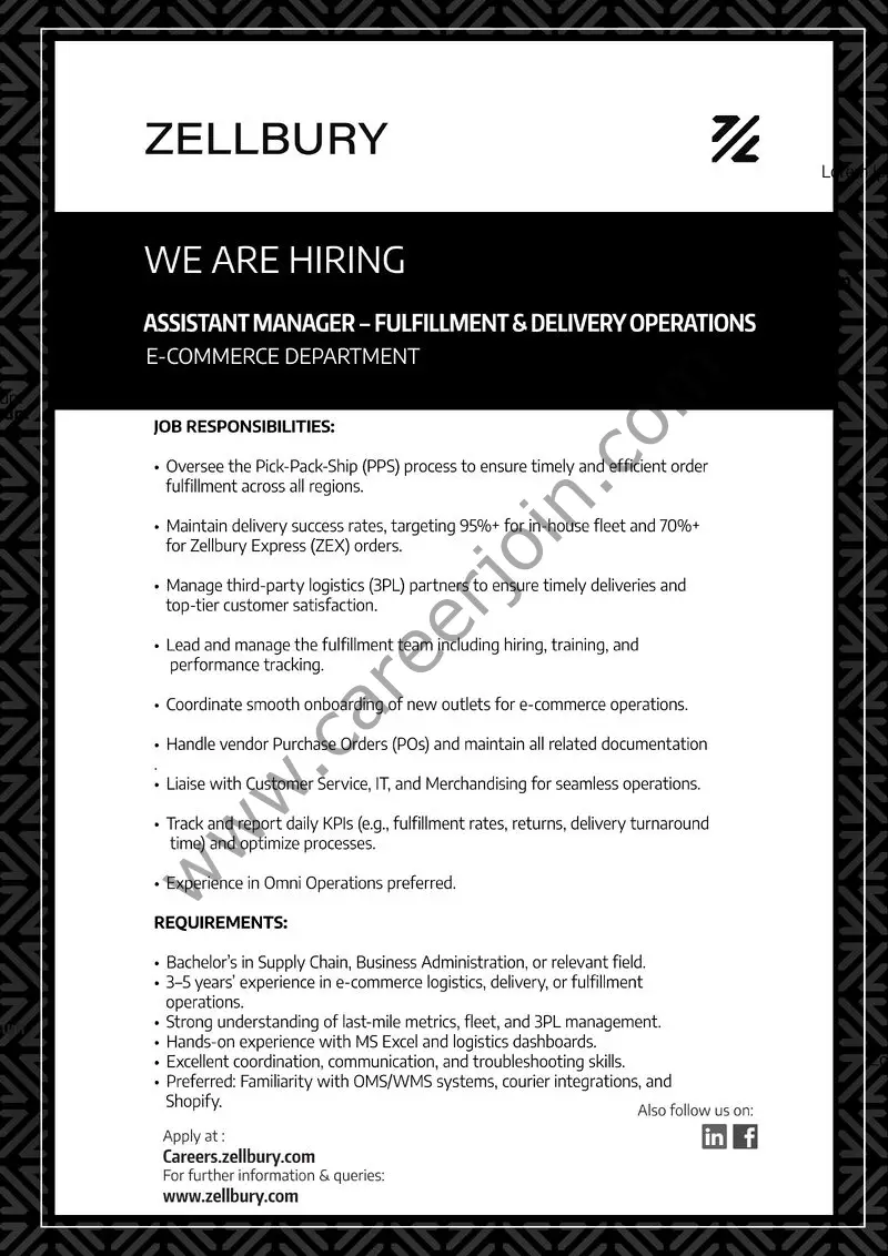Zellbury Pakistan Jobs Assistant Manager Fulfillment & Delivery Operations 1