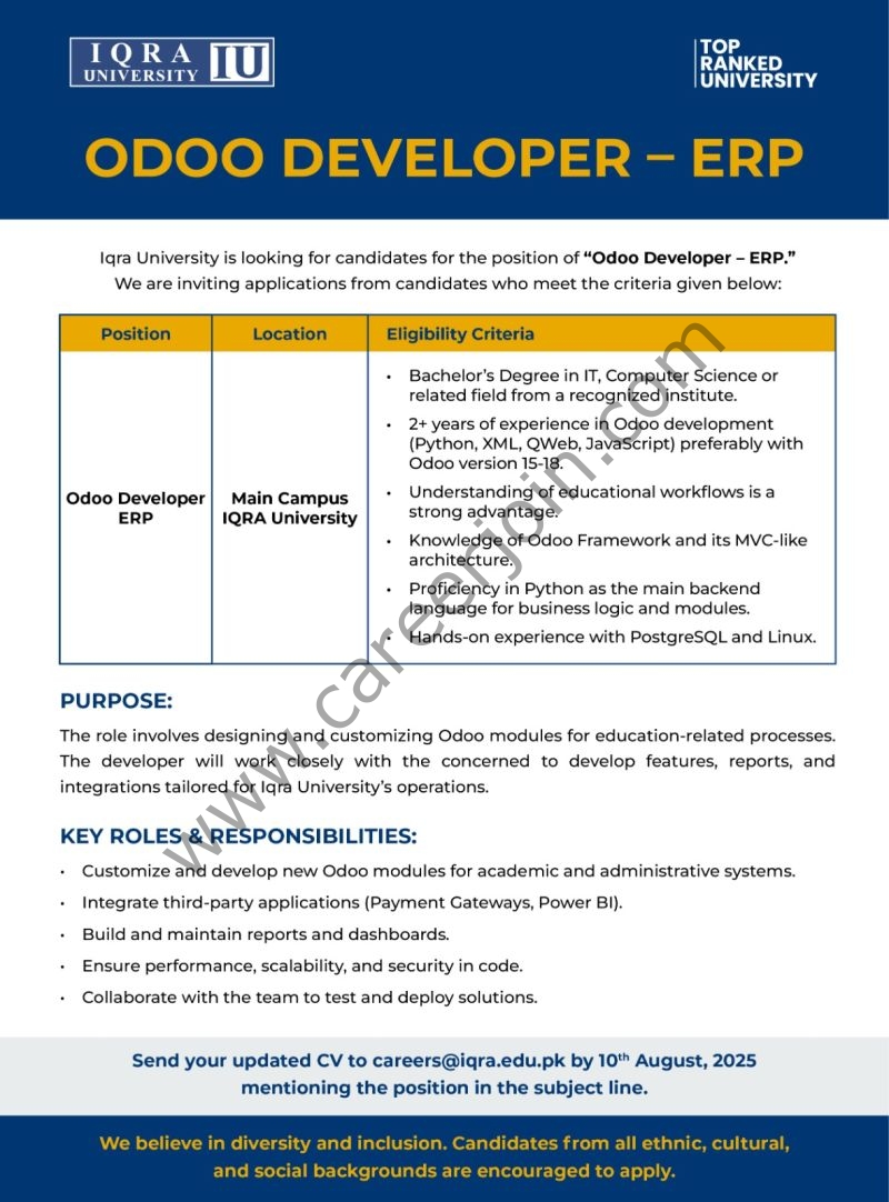 Iqra University IU Jobs Odoo Developer ERP 1